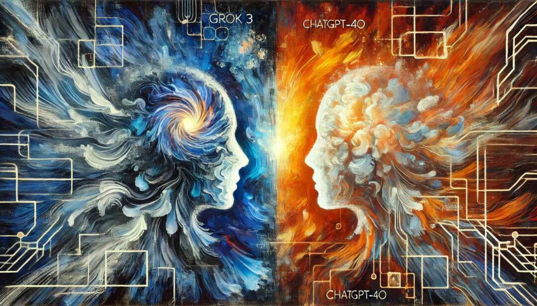 Painting of two AI heads facing each other - one is meant to represent Grok 3 and the other one is meant to represent ChatGPT